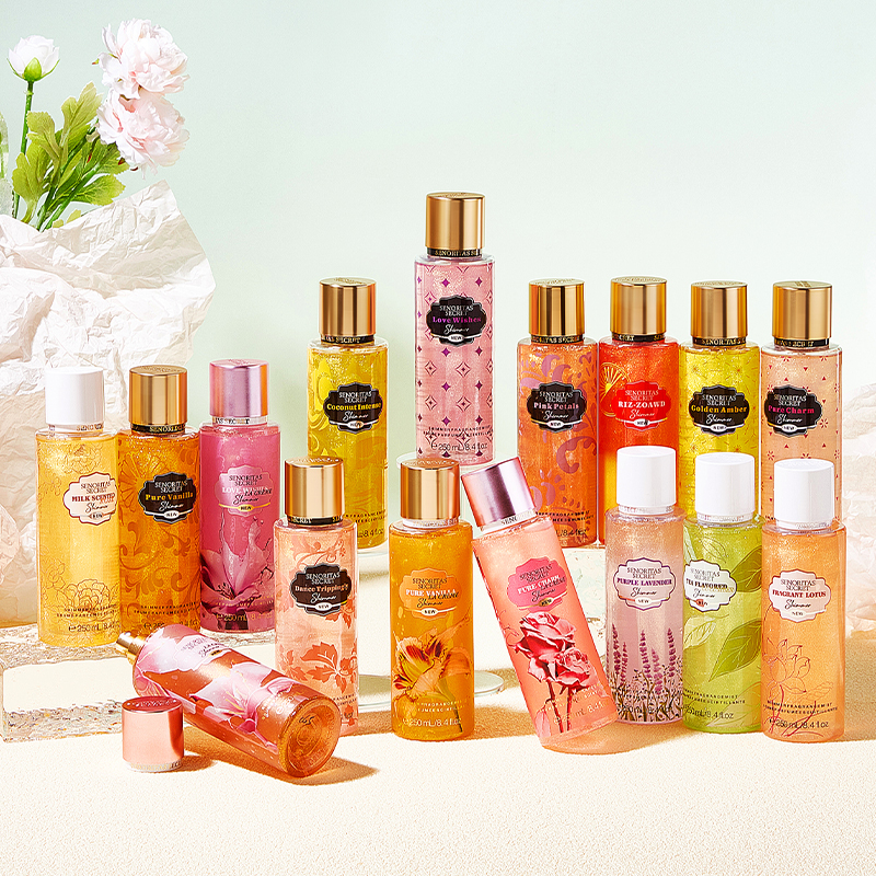Spray corporal 250ml, spray perfumado com brilho brilhante, perfume floral, névoa fina, respingo corporal para mulheres
