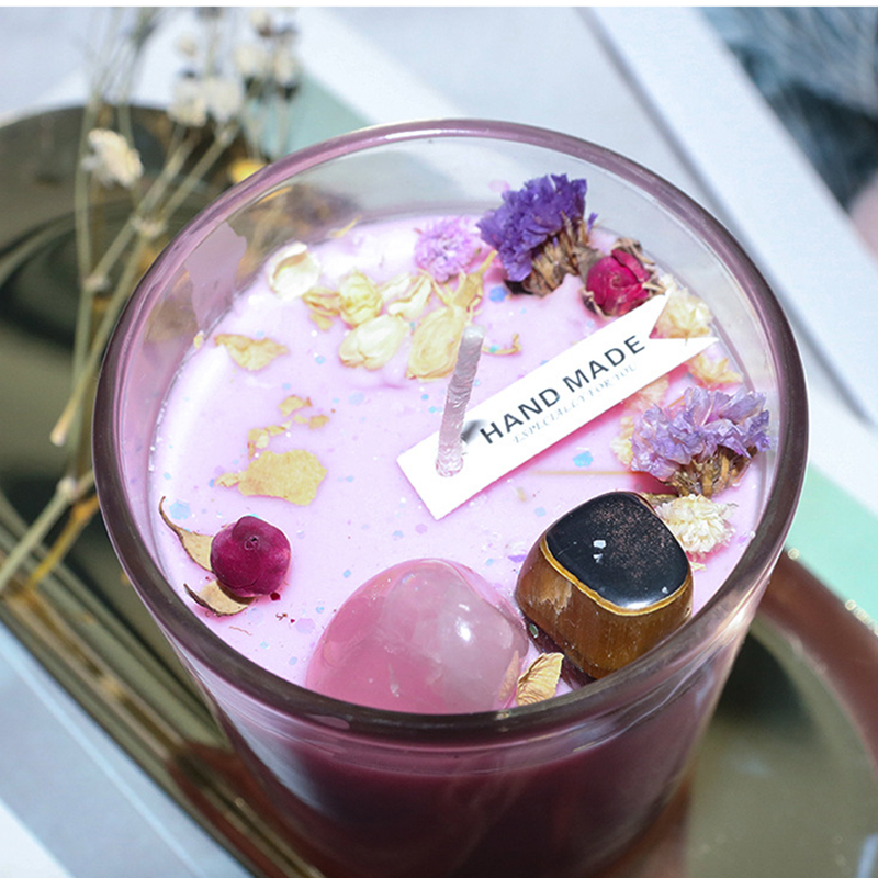 Vela perfumada artesanal de cera de soja 100g, decoração ecológica, pedra de cristal alto, flor seca, vela perfumada para festas, presente de aniversário